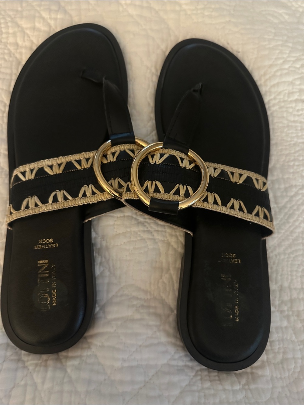 Black Slide Sandals with Gold Ring Accent